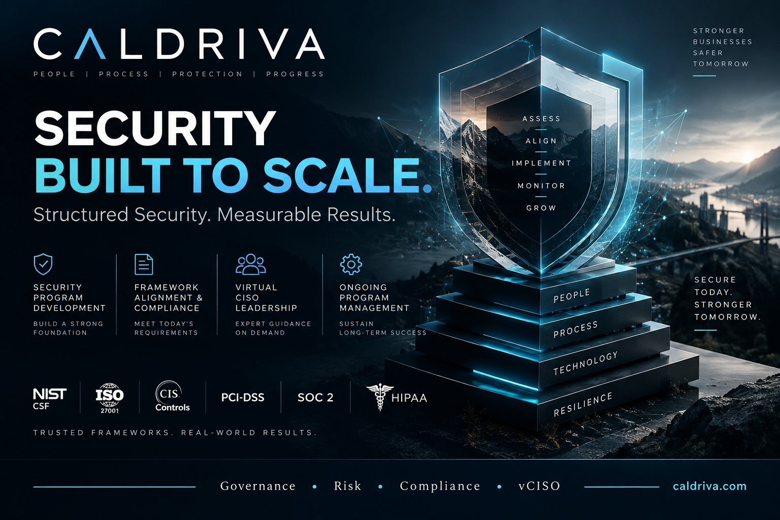 Caldriva security program illustration with a shield above a mountain landscape